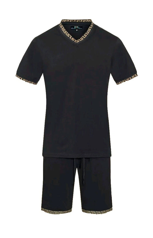 Men's Italian fashion Black Short Sleeves T-shirt/short Set Greek Key V neck