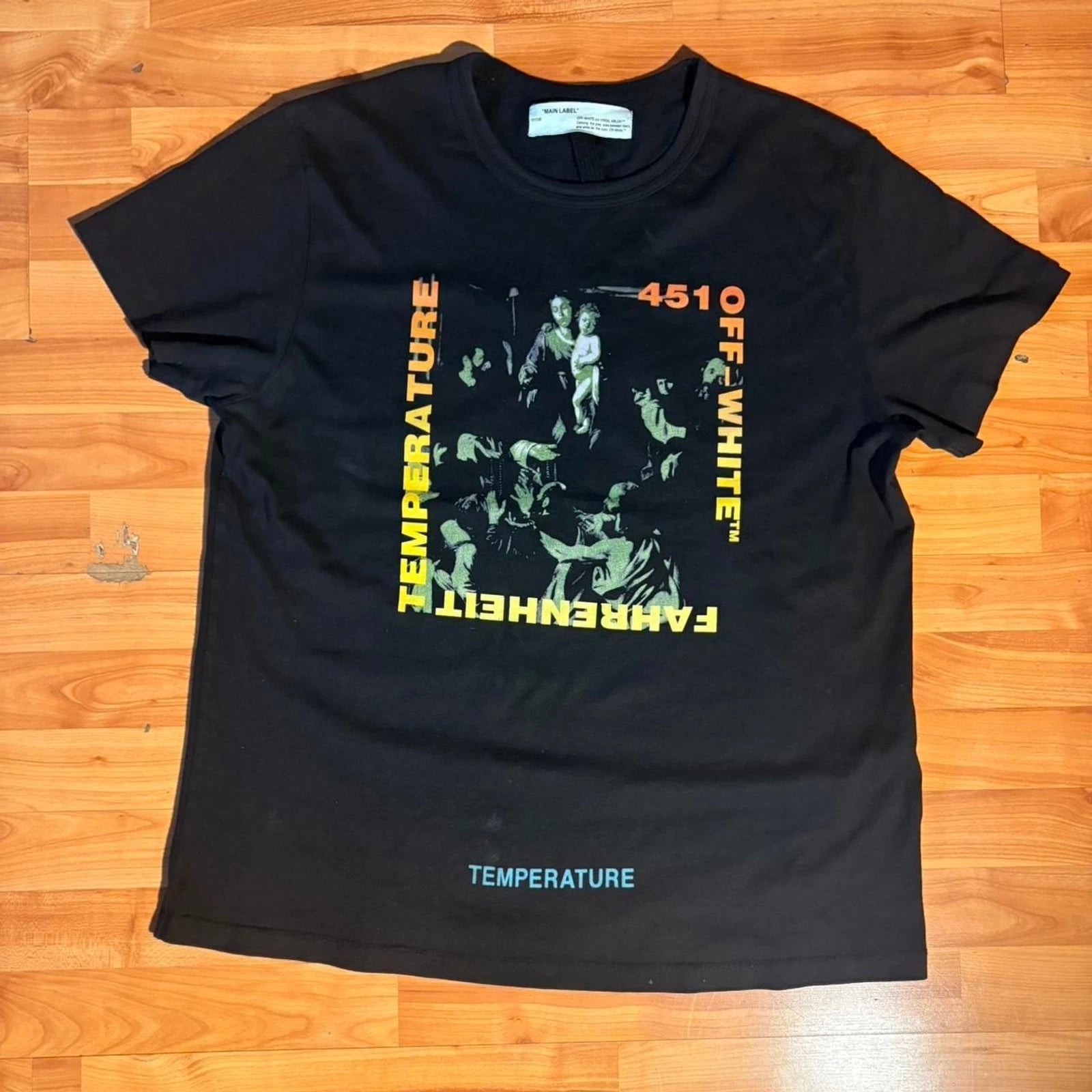 Off-White Fahrenheit Temperature Graphic Black T-Shirt Size L Cotton Streetwear