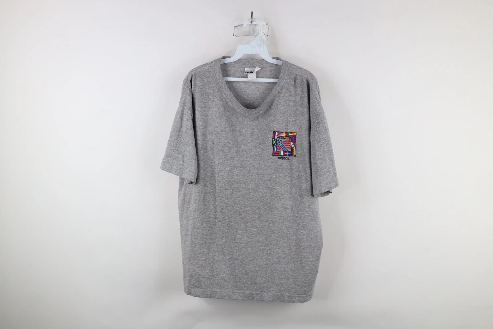Vintage 90s Adidas Mens Large Distressed 1994 World Cup Soccer T-Shirt Gray