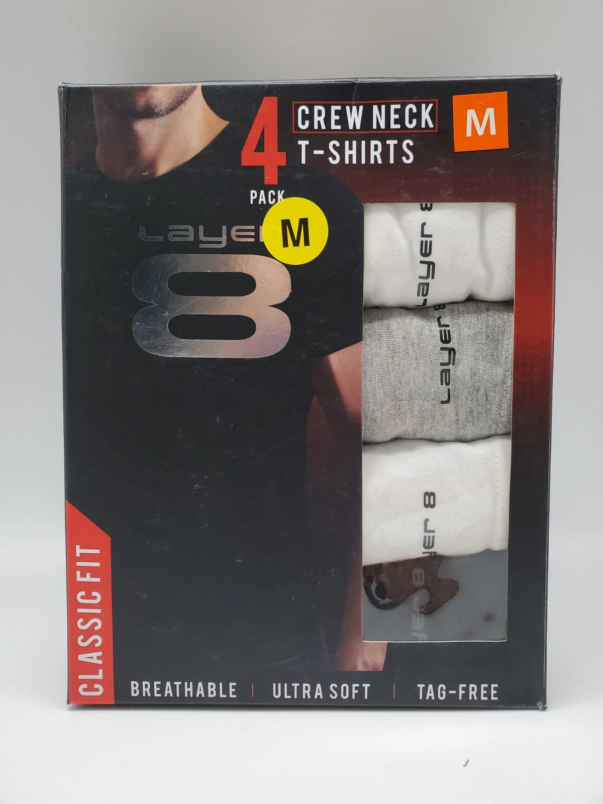 LAYER8 Classic 4Pc Crew Neck S-XL T Shirt Tag-Free Soft Cotton Black/Gray/White