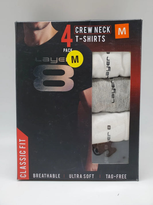 LAYER8 Classic 4Pc Crew Neck S-XL T Shirt Tag-Free Soft Cotton Black/Gray/White