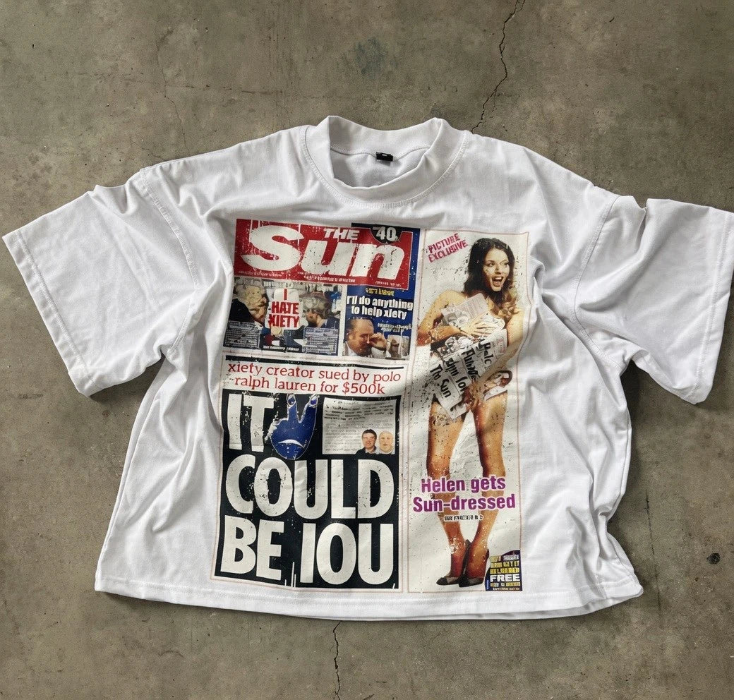 Y2K Graphic Print T-Shirt Men Oversized Streetwear Newspaper Punk Top White Tee