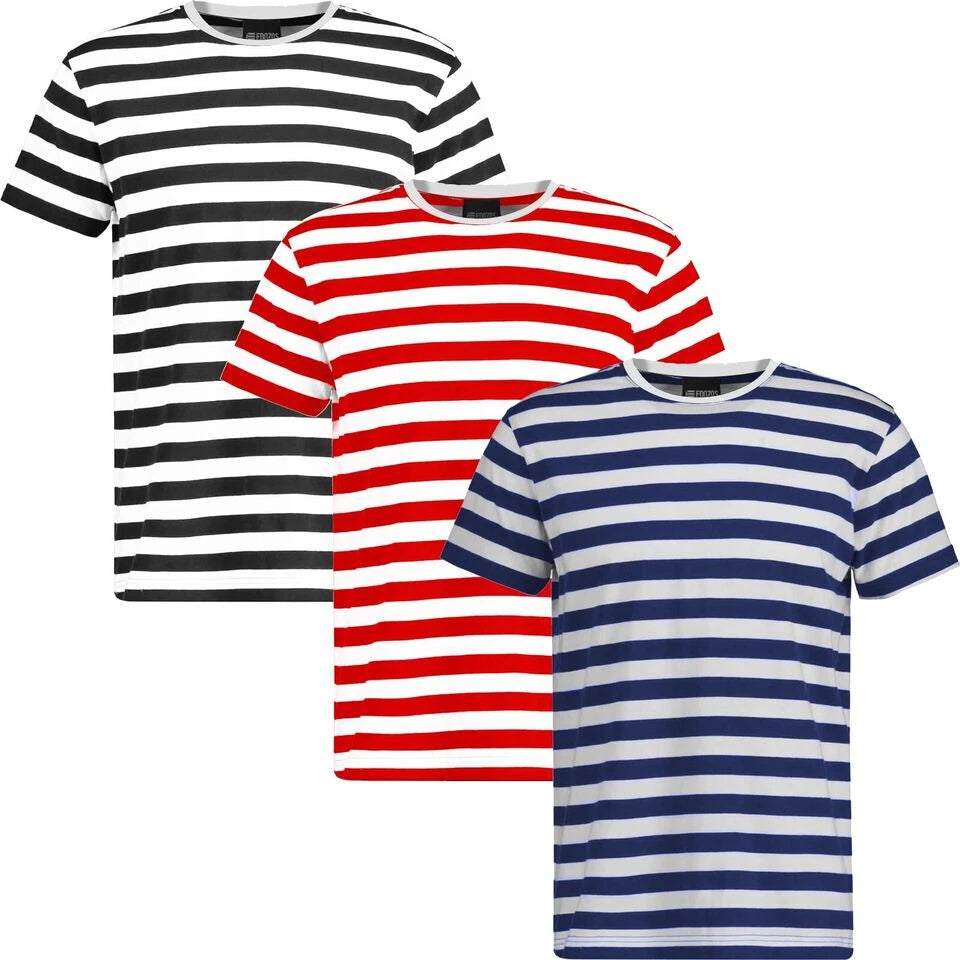 Mens Short Sleeve Stripe T-Shirt New Casual Classic Fit Crew Round Neck Tee Tops