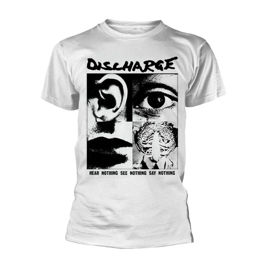 Discharge - HEAR NOTHING SEE NOTHING - A New Official WHITE T SHIRT : punk , oi