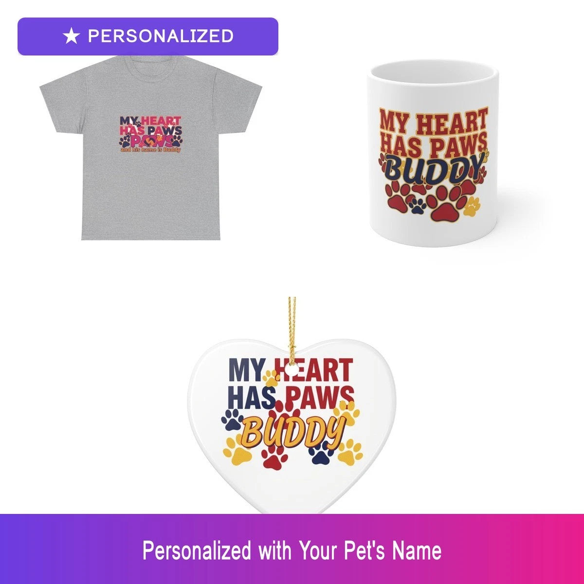 Custom Paw Print Gift Set Shirt Mug Ornament Personalized Pet Name Bundle