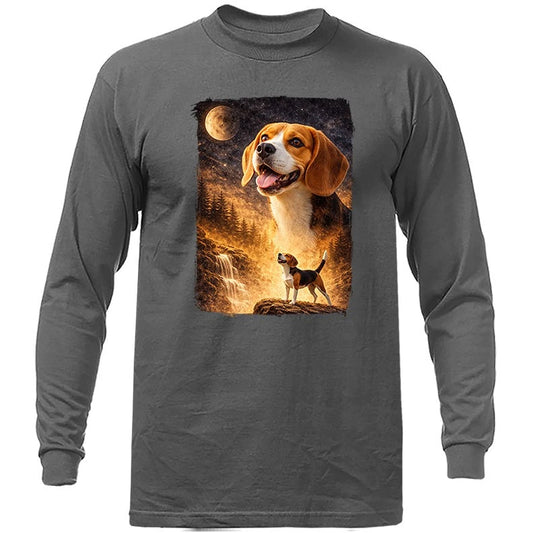 Beagle Howling at Moon Night Forest Dog Waterfall Long Sleeve shirt