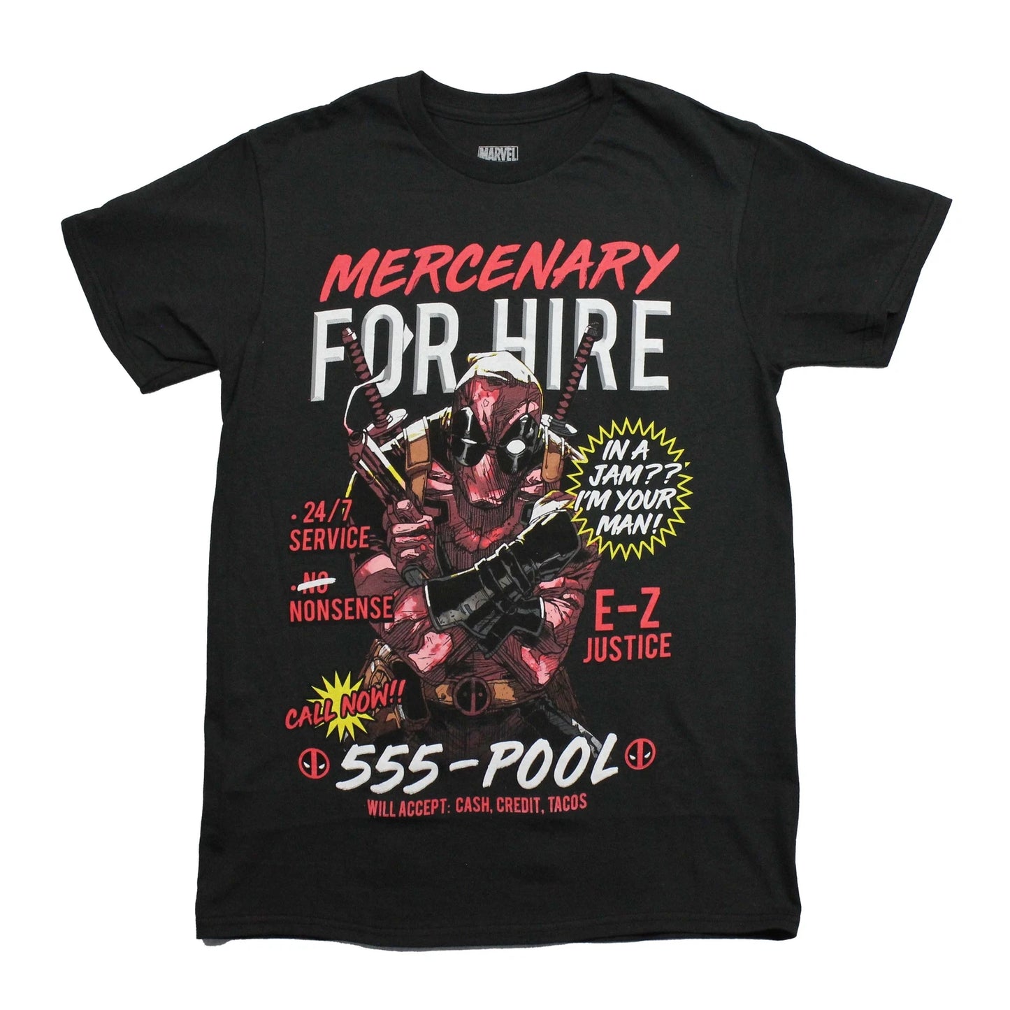 Deadpool New Adult T-Shirt - Ad Mercenary for Hire 555-POOL Image