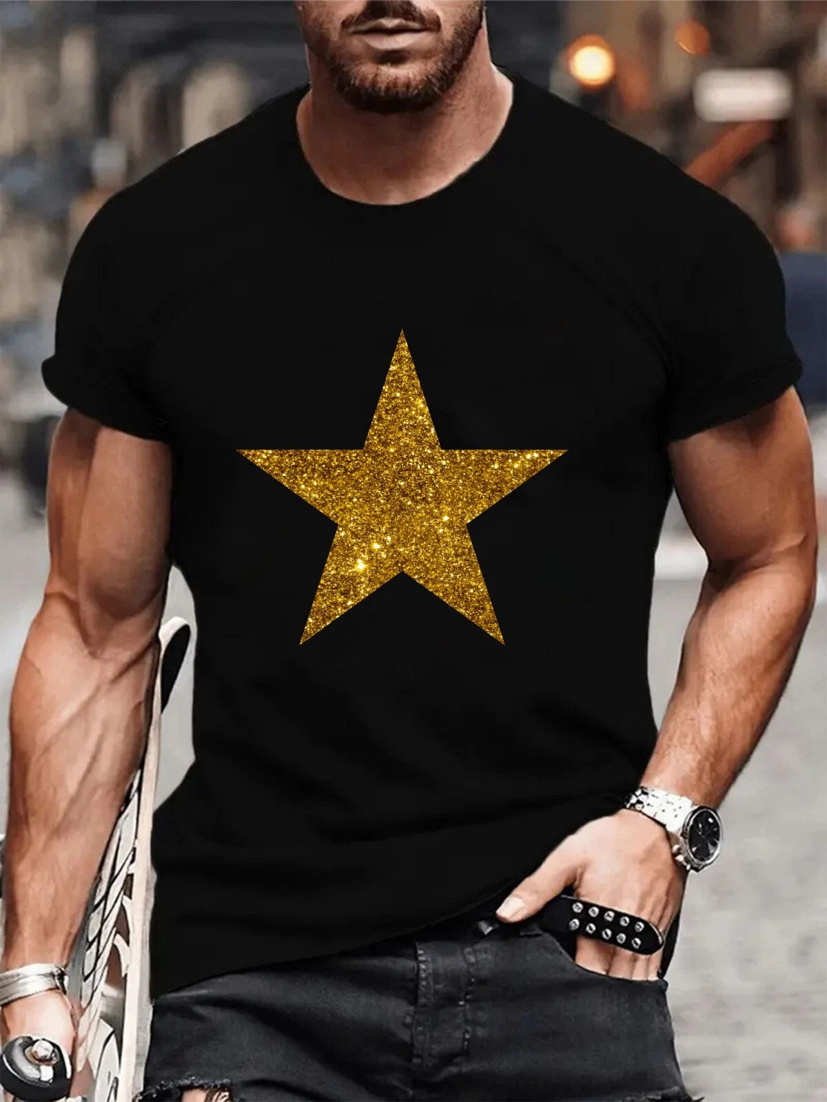 Printed Gold Glitter Star T-Shirt – Retro Music for Fashion & Collectors Tee Top