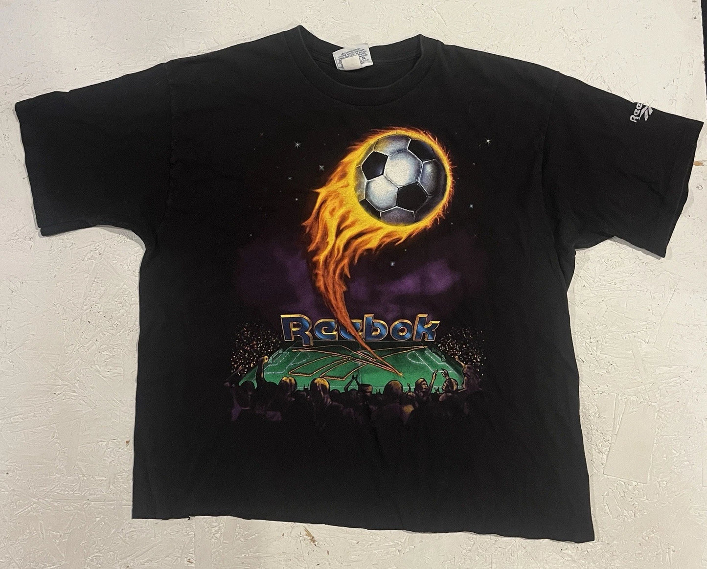 Vintage Reebok Soccer Shirt Fire Stadium Mens XL Black Graphic Print Space FLAW