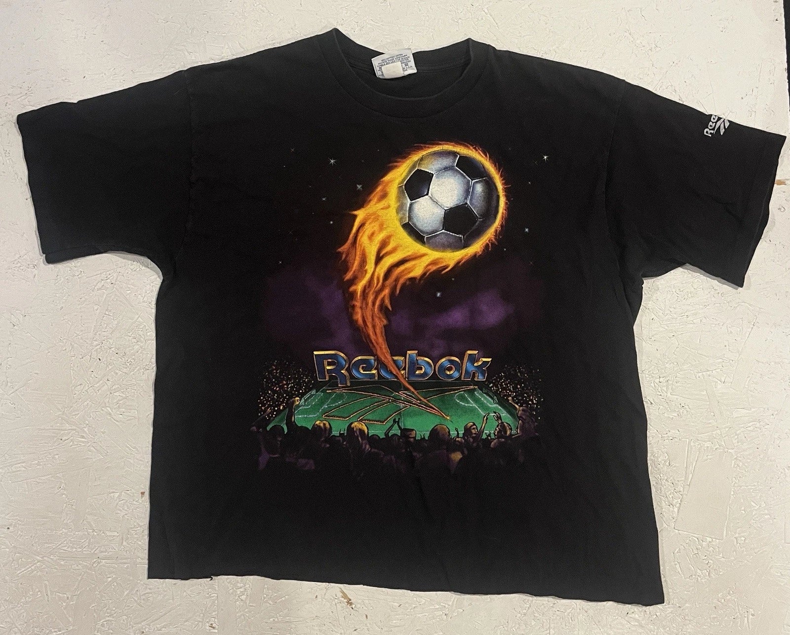 Vintage Reebok Soccer Shirt Fire Stadium Mens XL Black Graphic Print Space FLAW