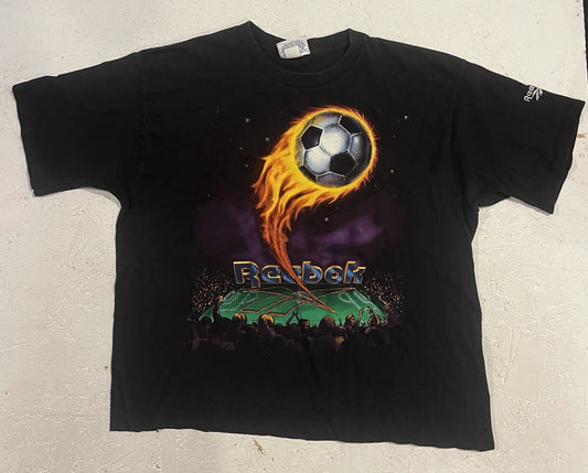 Vintage Reebok Soccer Shirt Fire Stadium Mens XL Black Graphic Print Space FLAW