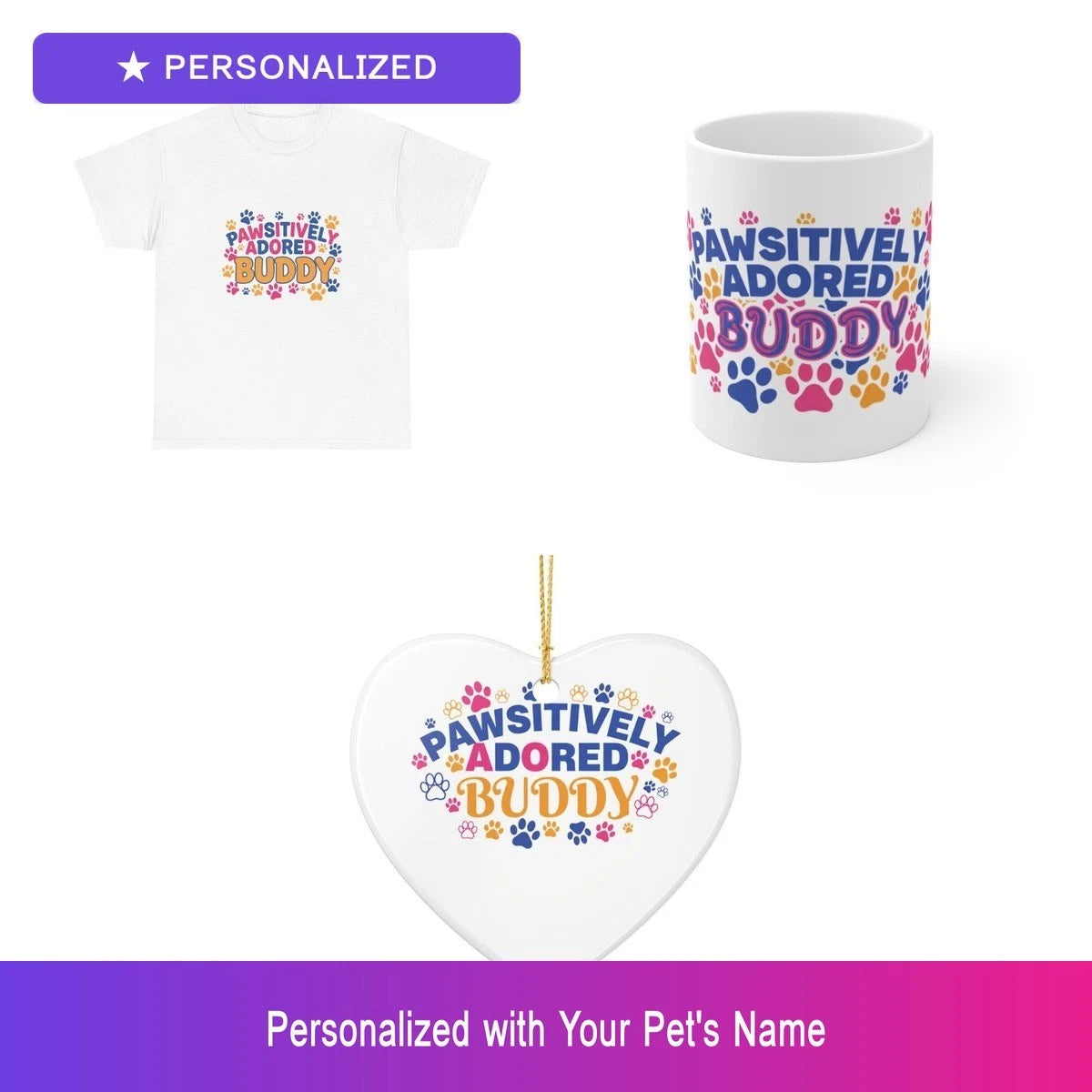 Custom Pet Paw Gift Set Shirt Mug Ornament Personalized Name Bundle