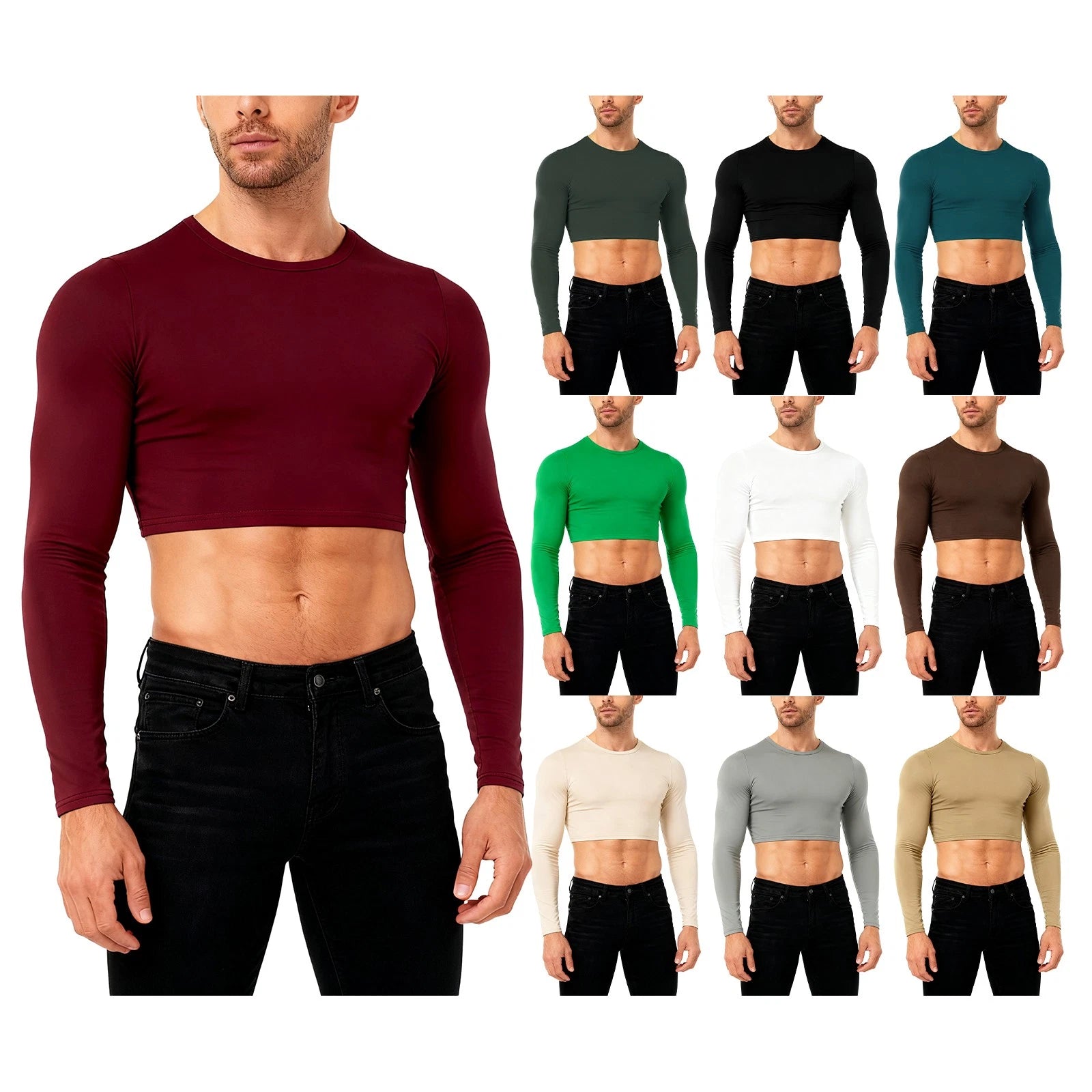 Mens Solid Color Basic Design Cropped Top Crew Neck Long Sleeve Pullover T-Shirt