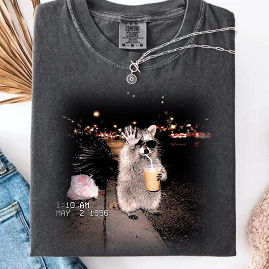 Raccoon Drinking Iced Coffee Shirt, Funny Animal Meme Tee, Coffee Lover
