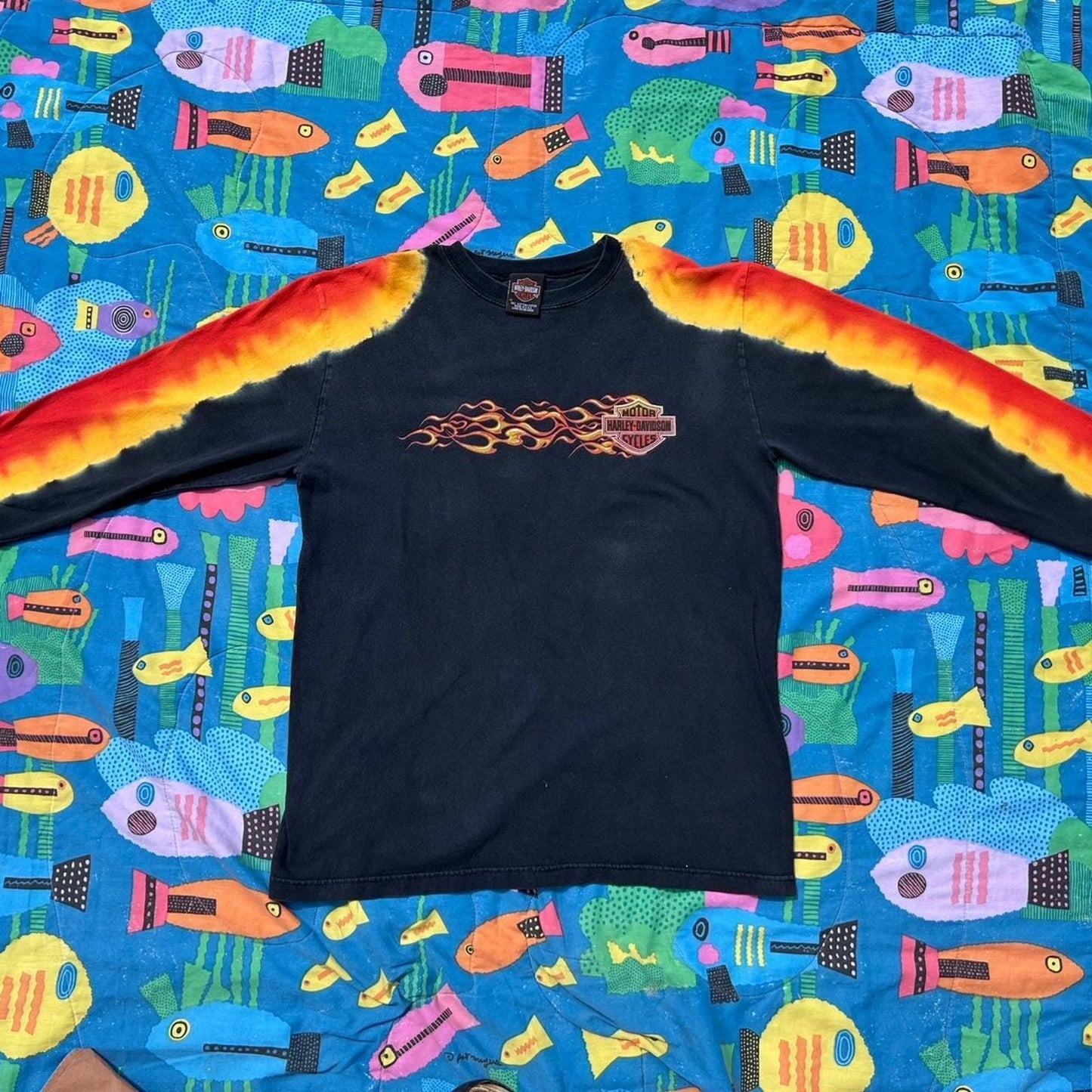 2001 Harley Davidson Bloomington, IN Tie-Dye Flame Long Sleeve T-shirt Men's M