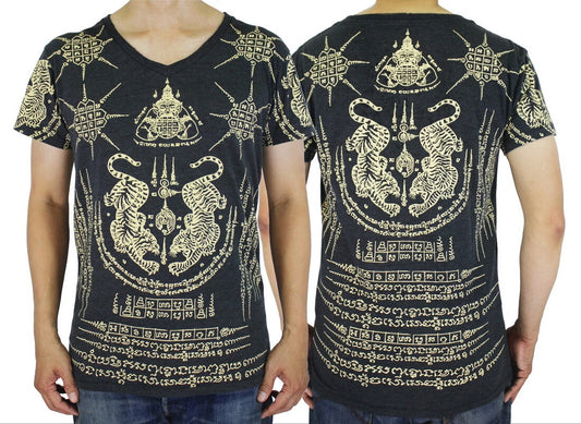 WORK Tiger Muay Thai Tattoo T-Shirt Men 5 Lines Rahu Yantra Sak Yant Amulet WK06