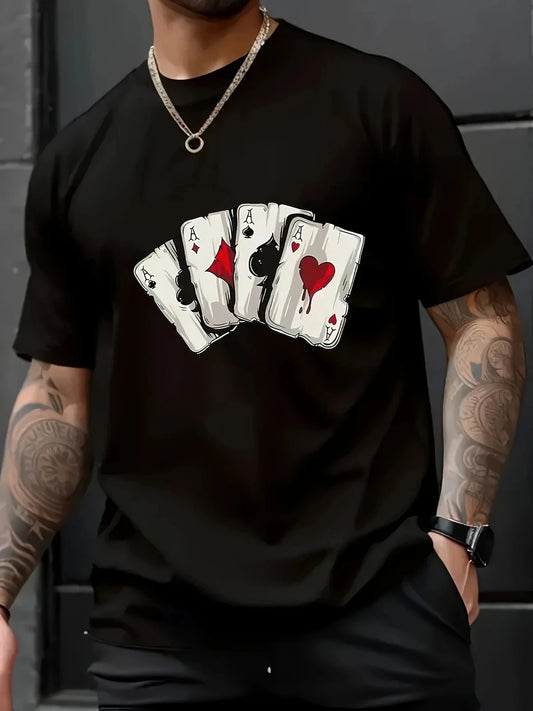 Men'S Casual Cotton T-Shirt with Playing Card Print, Crew Neck, Short Sleeve, Sl