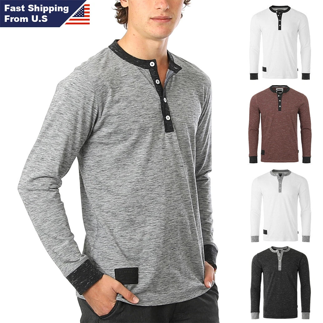 ZIMEGO Mens Long Sleeve T-Shirt - Contrast Casual Button Henley Shirt for Men