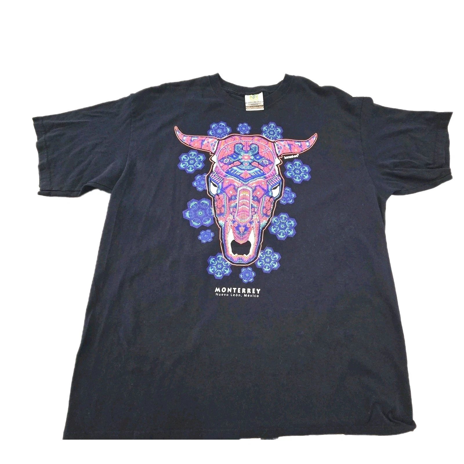 Monterrey Mexico Shirt Mens XL Navy Huichol Bull Skull Graphic Karani-art Tee