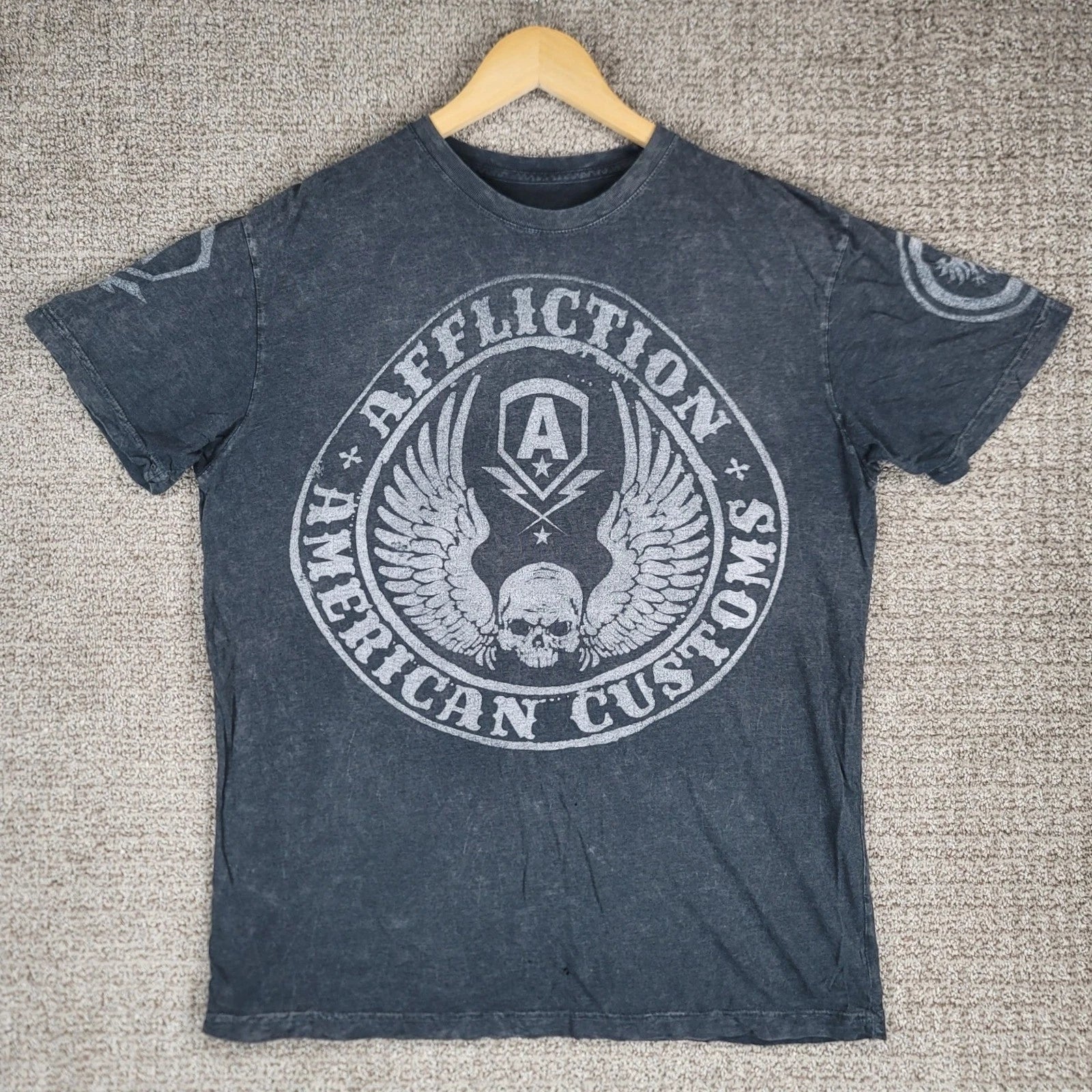 Affliction American Customs Flag Graphic T-Shirt Mens Large Gray Skull Wings
