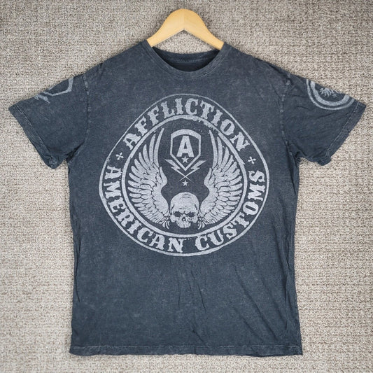 Affliction American Customs Flag Graphic T-Shirt Mens Large Gray Skull Wings