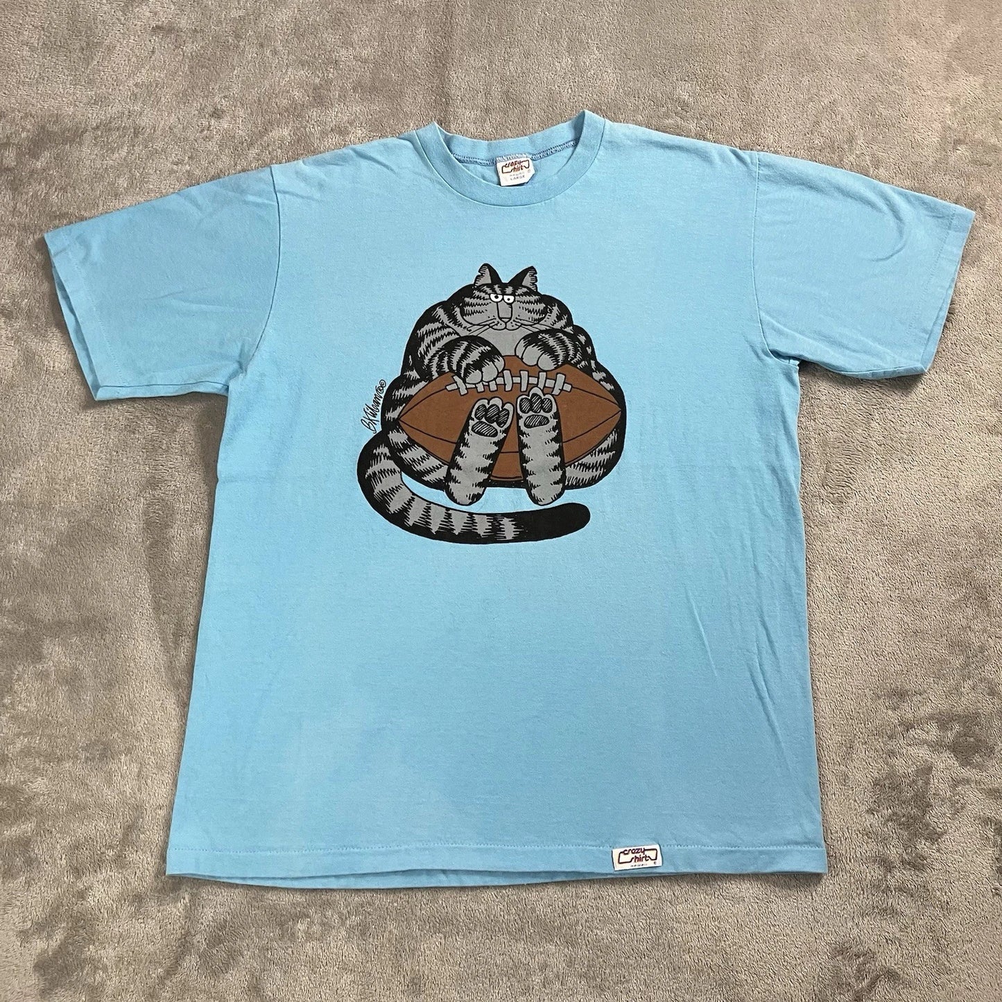 VTG Crazy Shirts Mens Large Teal Blue Graphic Print B Kliban Football Cat 90s