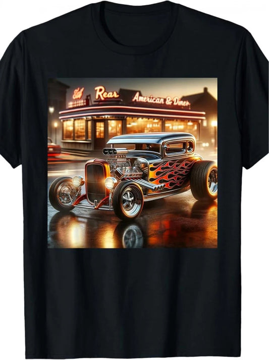 Men's Vintage Hot Rod Graphic T-Shirt - 100% Cotton Crew Neck Retro Muscle Car &