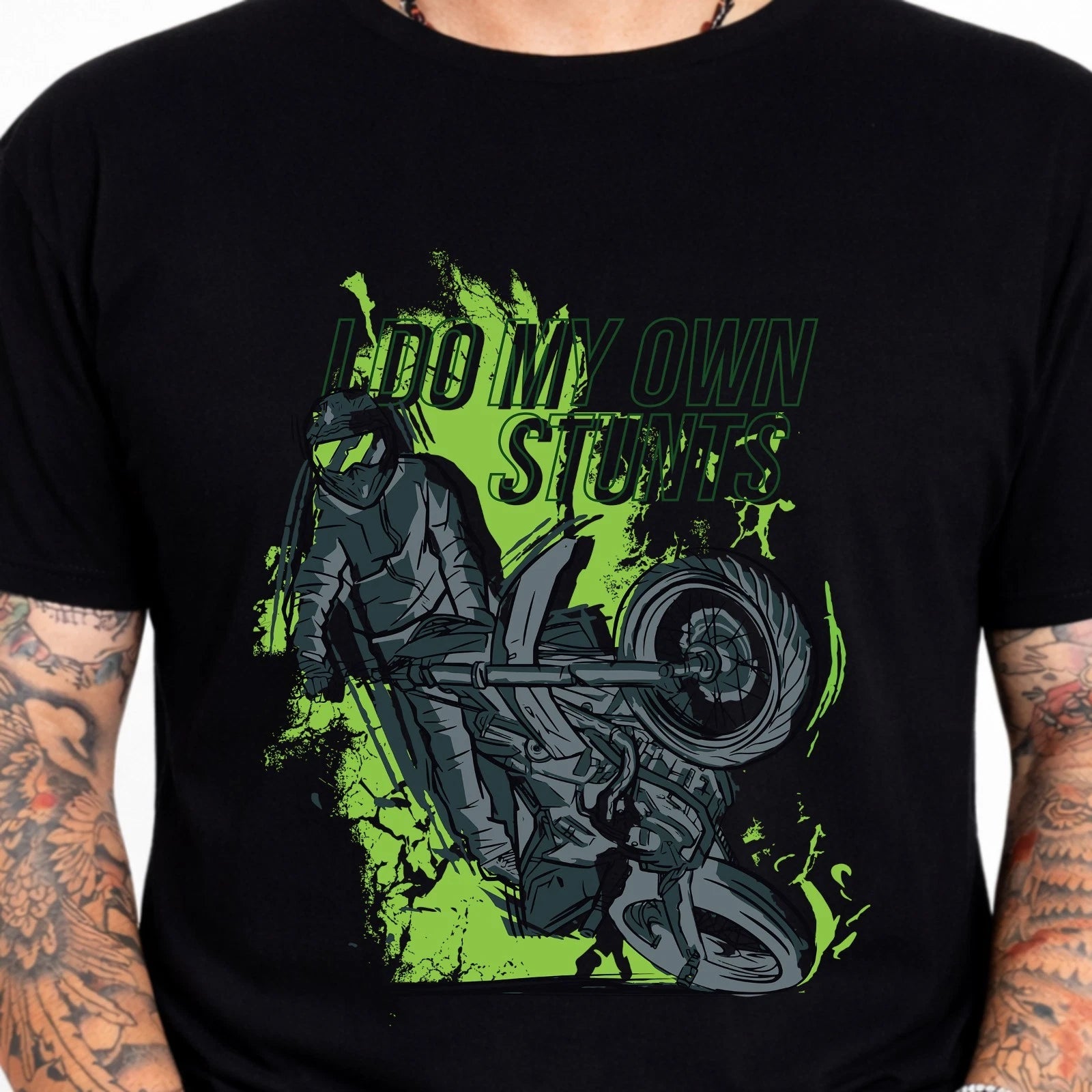I Do My Own Stunts Motorcycle Biker Wheelie Motocross Graphic Tee .