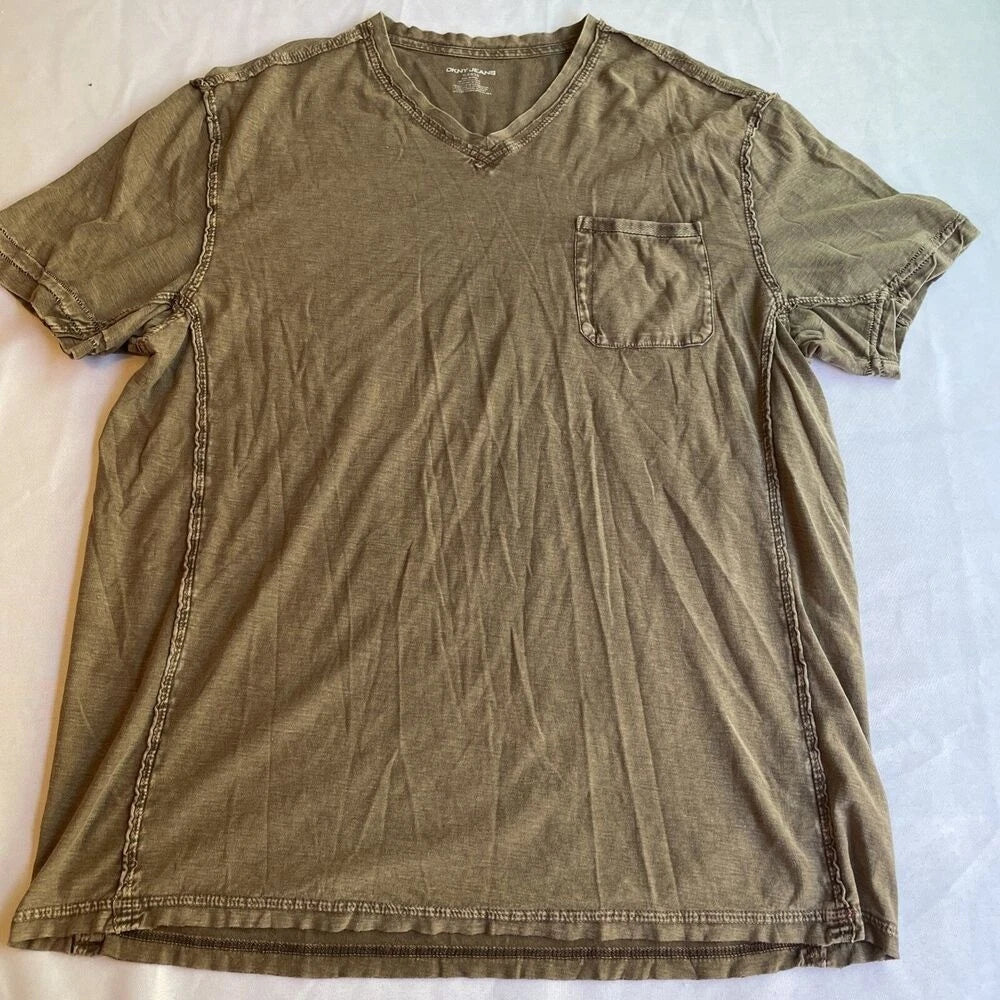 Vintage Dnky Wings V-Neck T Shirt Y2K Tan Brown Drab Embroidered Distressed XL