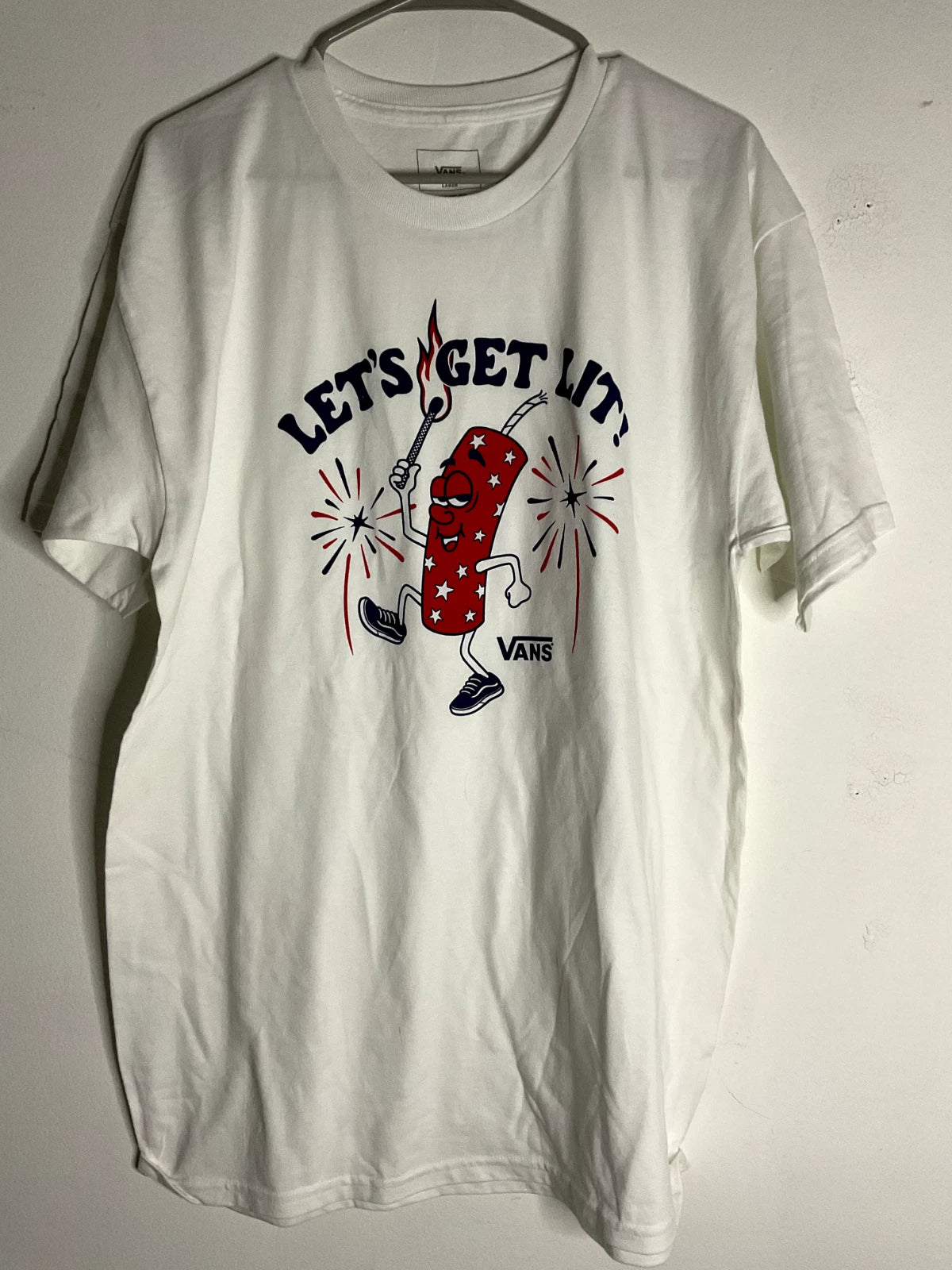 Vans Men's Let's Get Lit T-Shirt Graphic White Tee Size Large