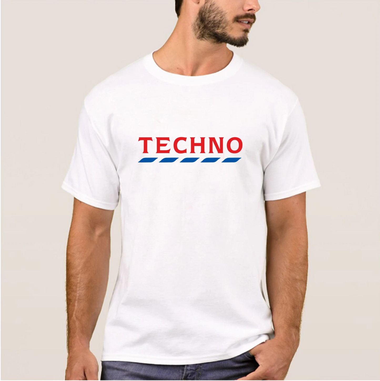 Men's White TECHNO TESCO T-Shirt Rave Dance Logo Funny Festival Session Top Joke