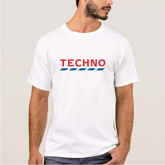 Men's White TECHNO TESCO T-Shirt Rave Dance Logo Funny Festival Session Top Joke