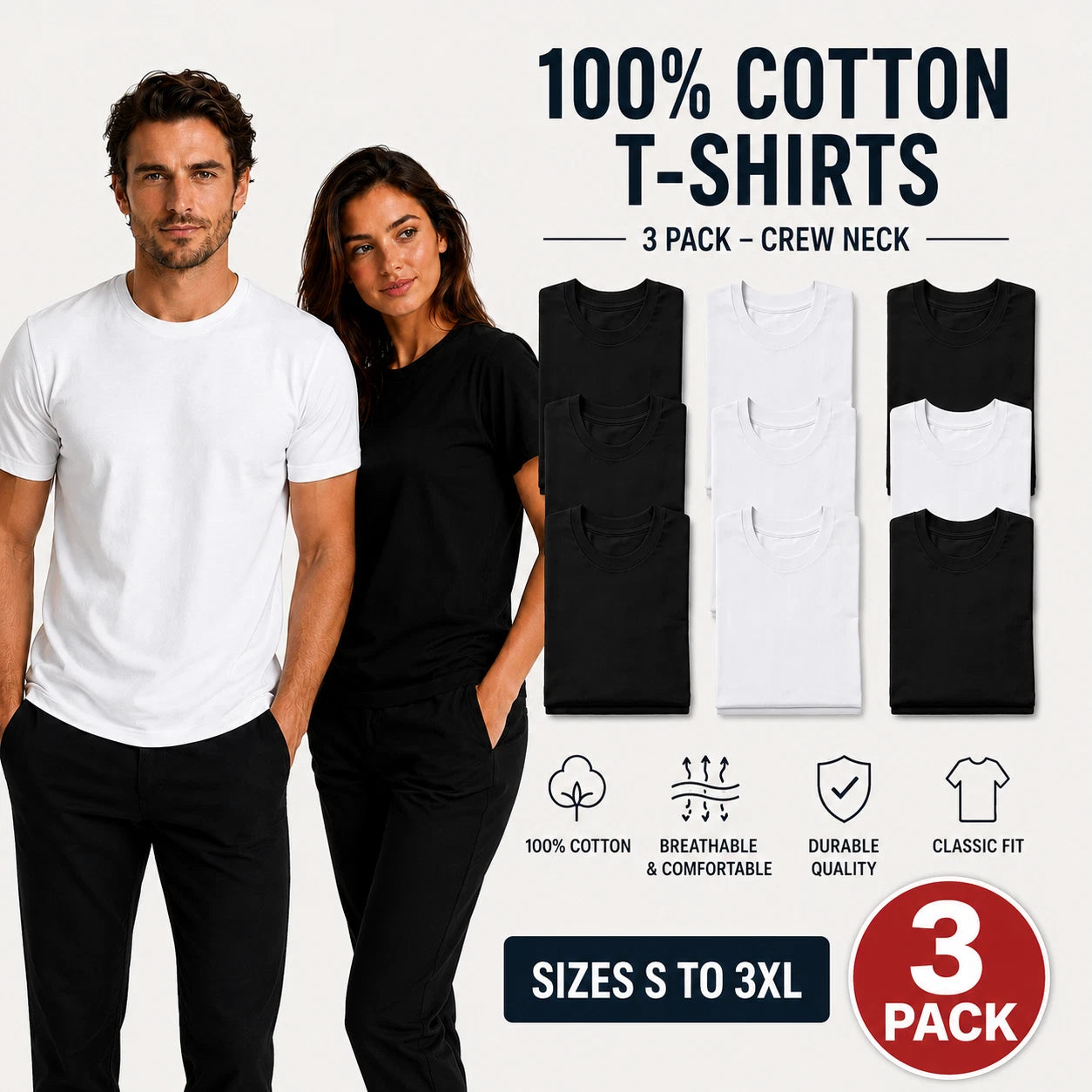3 Pack 100% Cotton T-Shirts Unisex Crew Neck Heavyweight Tee S-3XL Premium