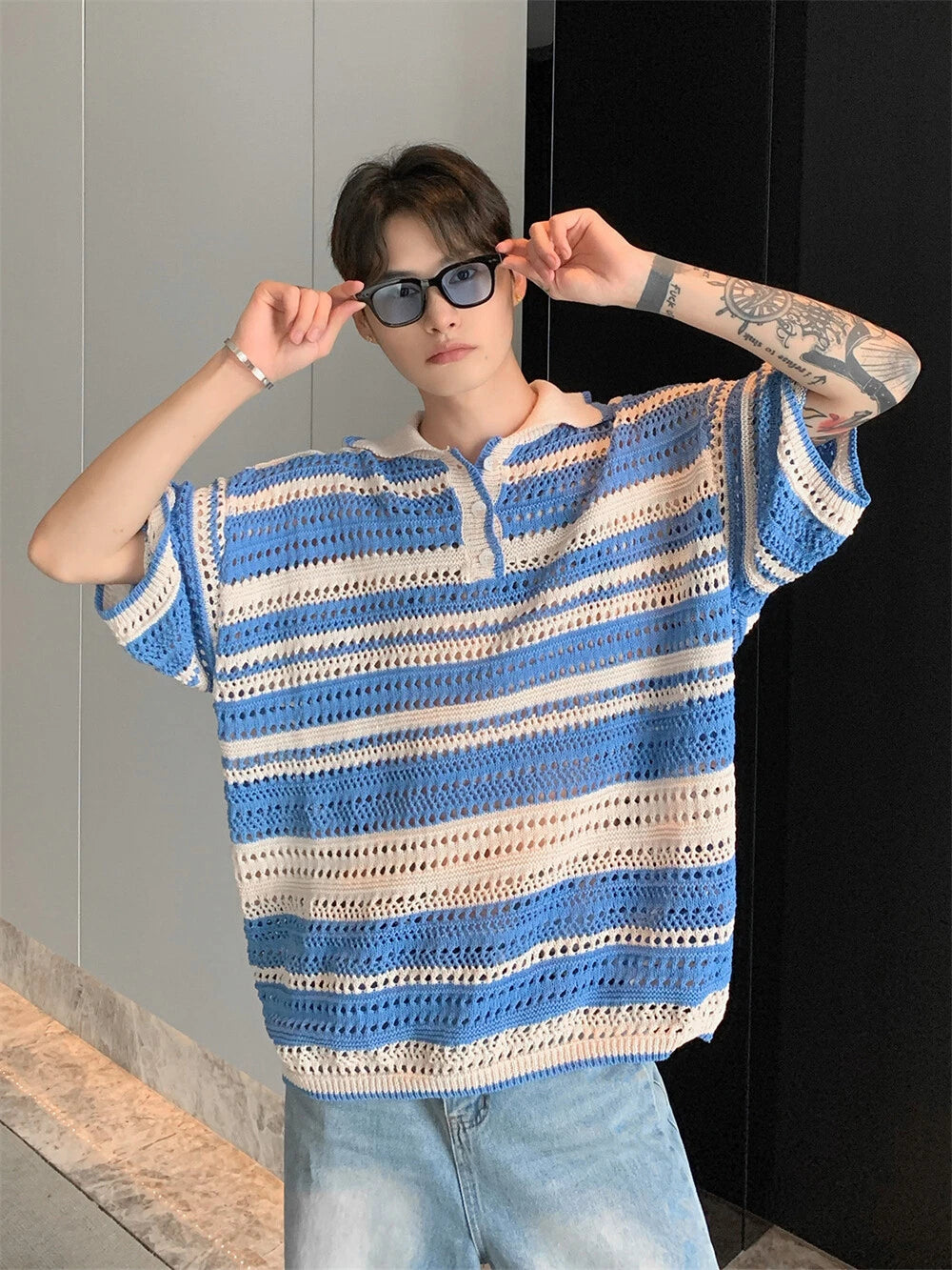 Men's Knitted Shirt Casual Slim Shirts Short Sleeve Button Down Tops Blouse