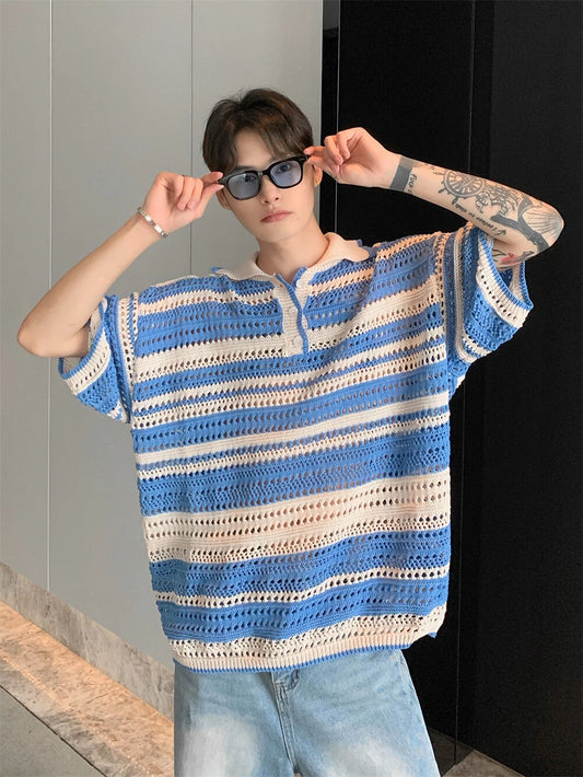 Men's Knitted Shirt Casual Slim Shirts Short Sleeve Button Down Tops Blouse