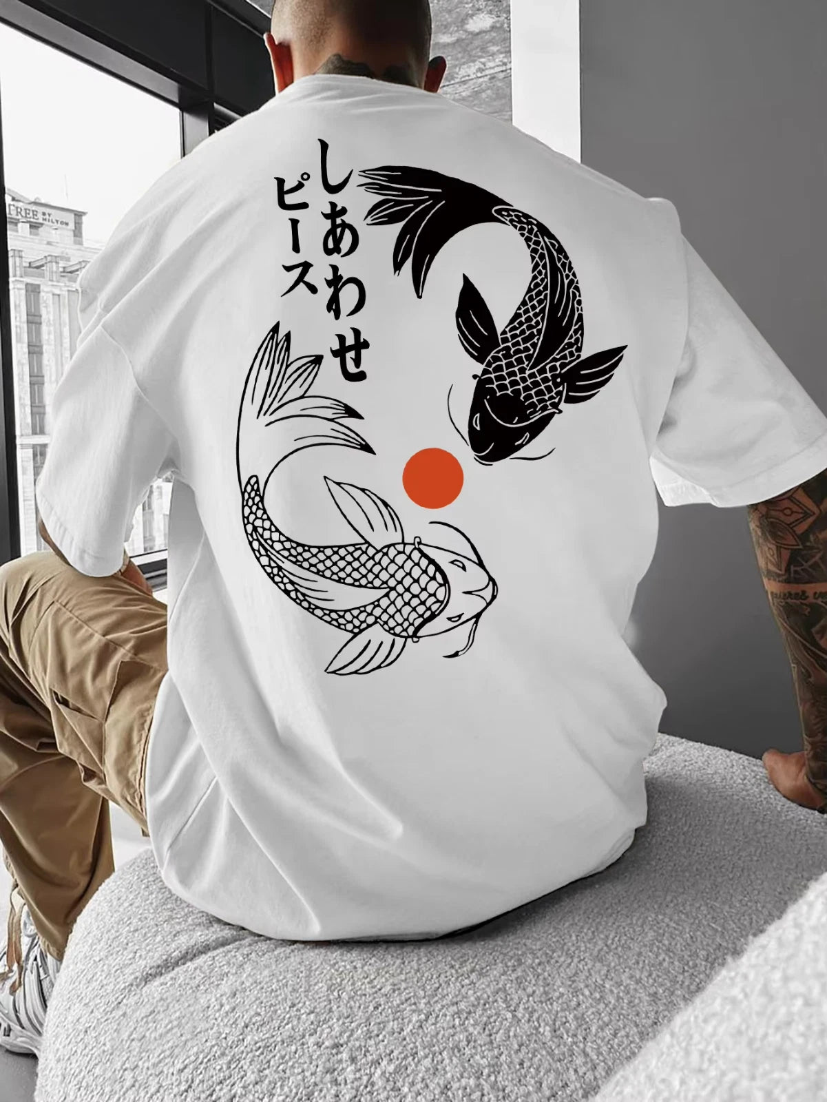 Men's Japanese Yin Yang Koi Fish Graphic Print T-shirt Oversized 100% Polyester