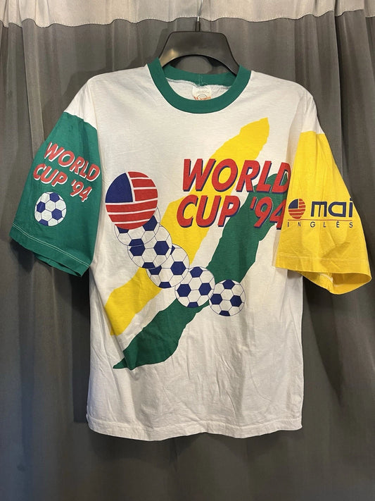 Vintage 1994 World Cup White Green Yellow Tricolor Soccer Graphic Shirt Objetiva