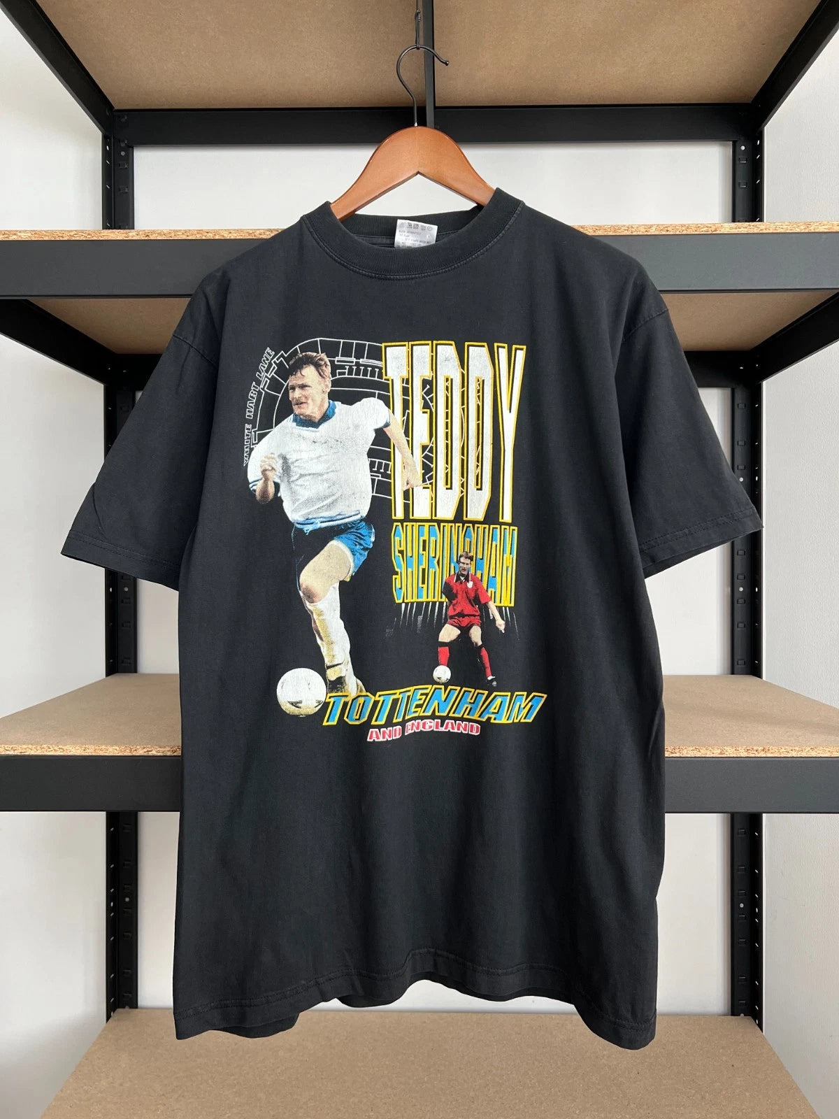 Vintage 90s Teddy Sheringham Tottenham England Soccer Black T-shirt Sz XL