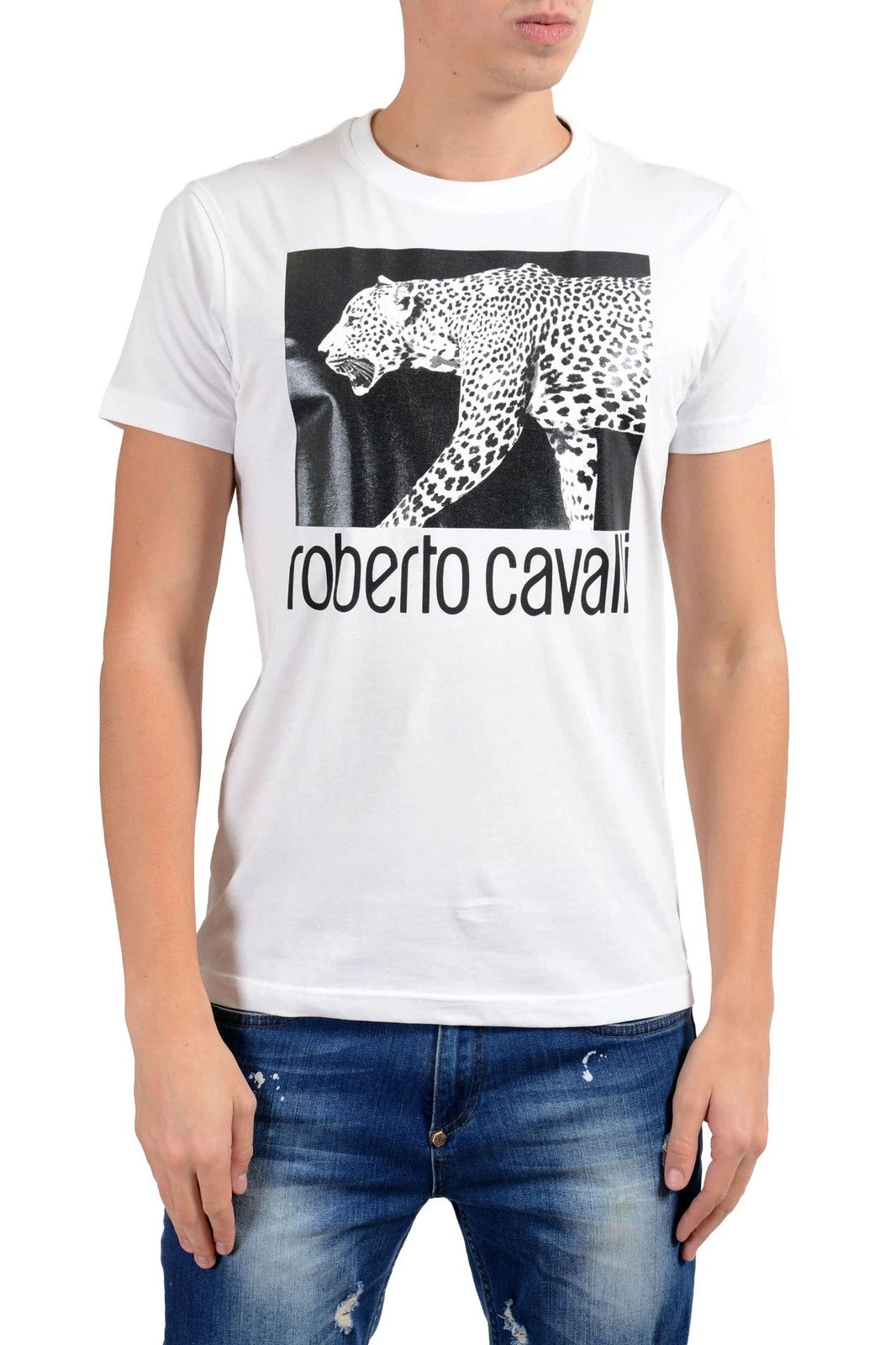 Roberto Cavalli Men's White Graphic Leopard Crewneck T-Shirt Size S M L XL