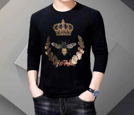 New Men Fashion Diamond Bee Crown Rhinestones Luxury T-Shirt  High Quality