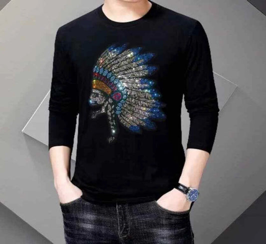 New Men Fashion Diamond Indian Rhinestone Luxury Long Black T-Shirt High Quality