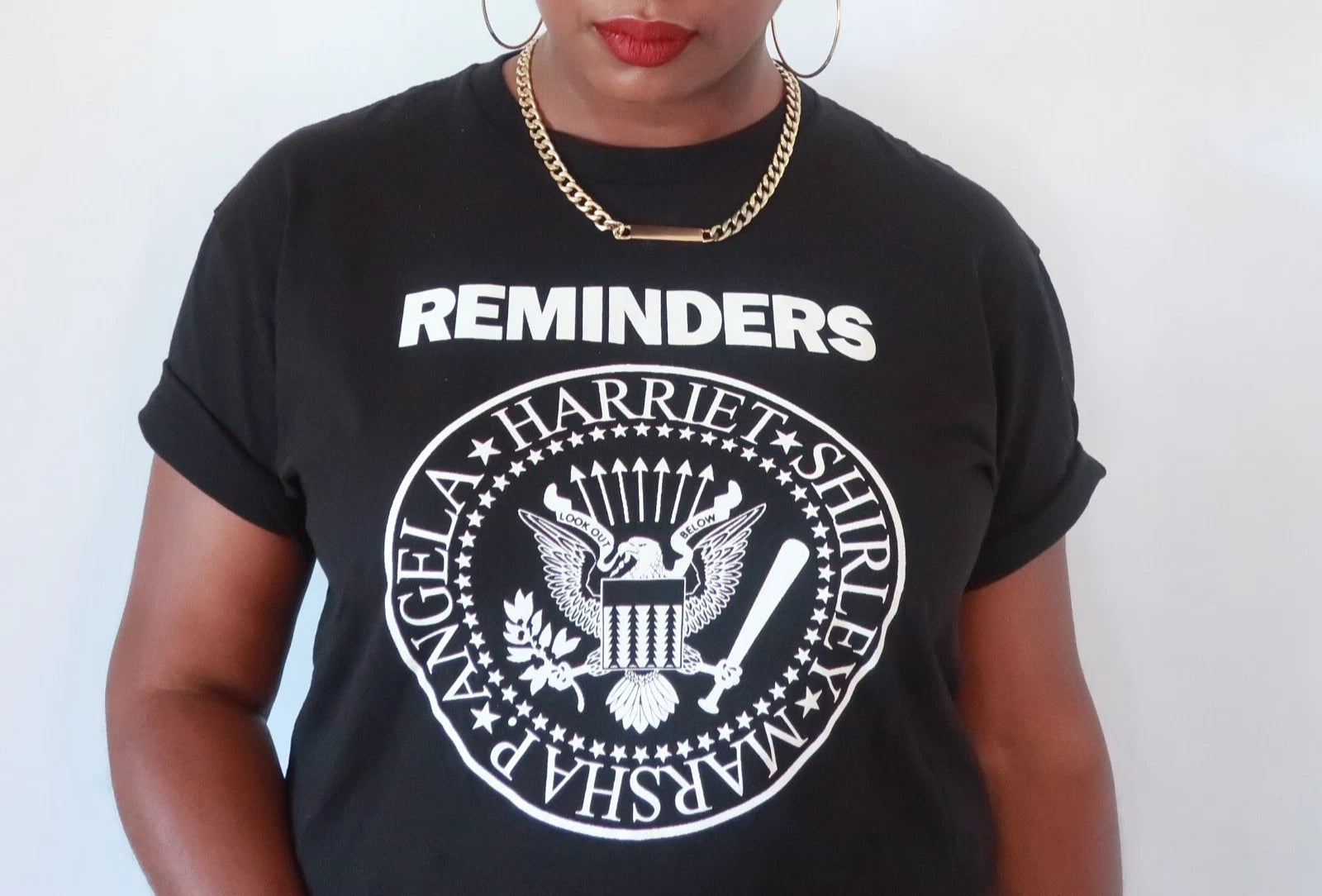 The Reminders T Shirt Black with white imprint Size Medium