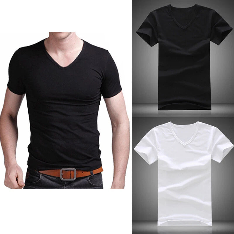 Summer Men V Neck Slim T-Shirt Tops Cotton Short Sleeve Black WhiteX