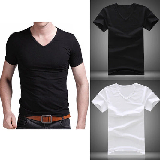 Summer Men V Neck Slim T-Shirt Tops Cotton Short Sleeve Black WhiteX