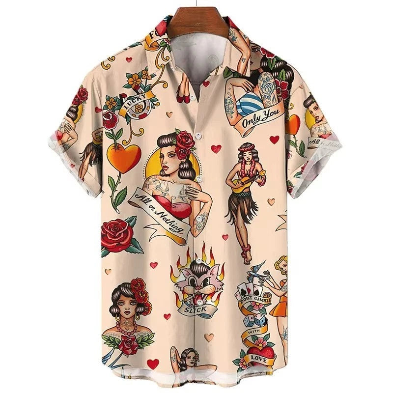 Mens Button Down Sailor Jerry Tattoo Hawaiian Top Novelty Holiday Summer Shirt