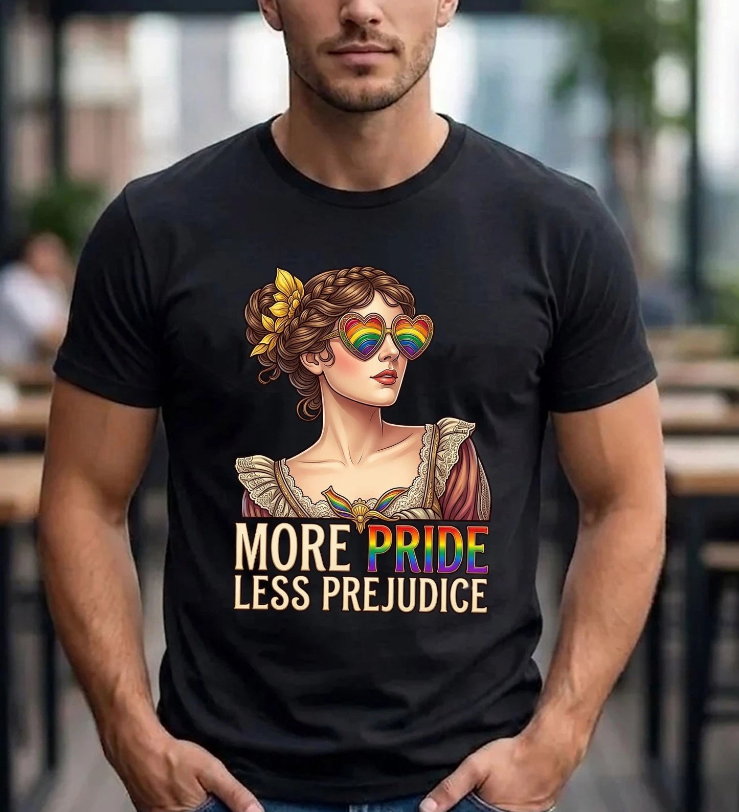 More Pride Less Prejudice TShirt LGBTQ Pride Graphic Shirt Rainbow Sunglases Tee