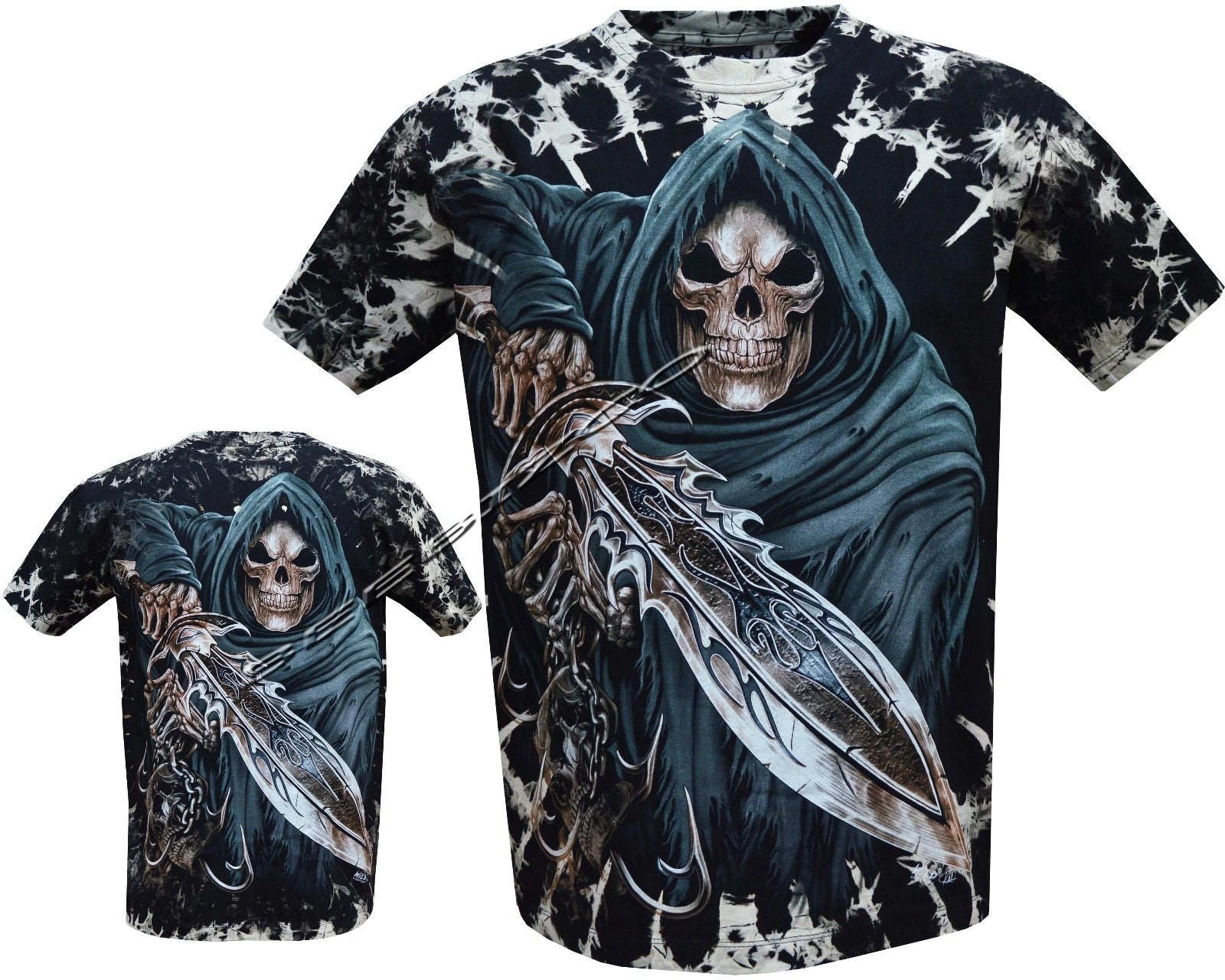 Mens Grim Reaper Glow In The Dark Skull Tye Dye T-Shirt,Front & Back Print M-3XL