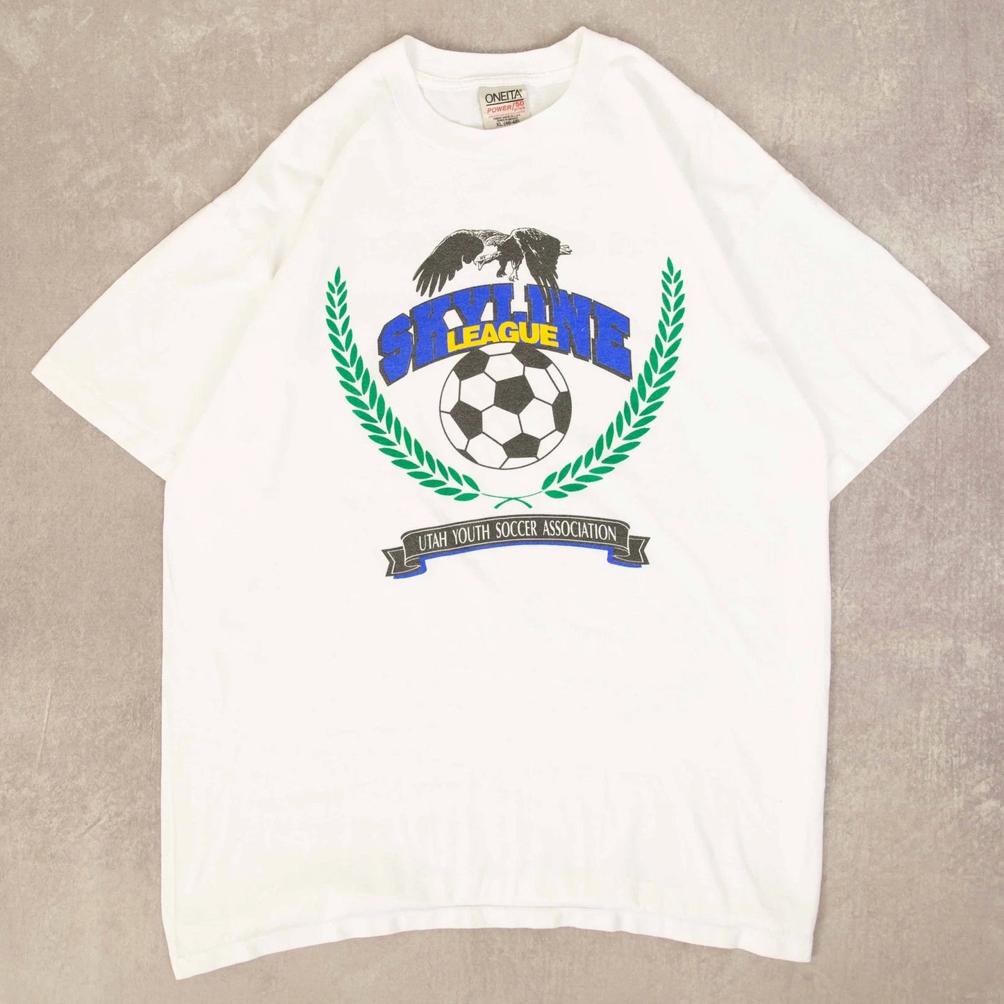 Oneita Vintage 90s Skyline League Soccer Graphic T-Shirt XL Mens White