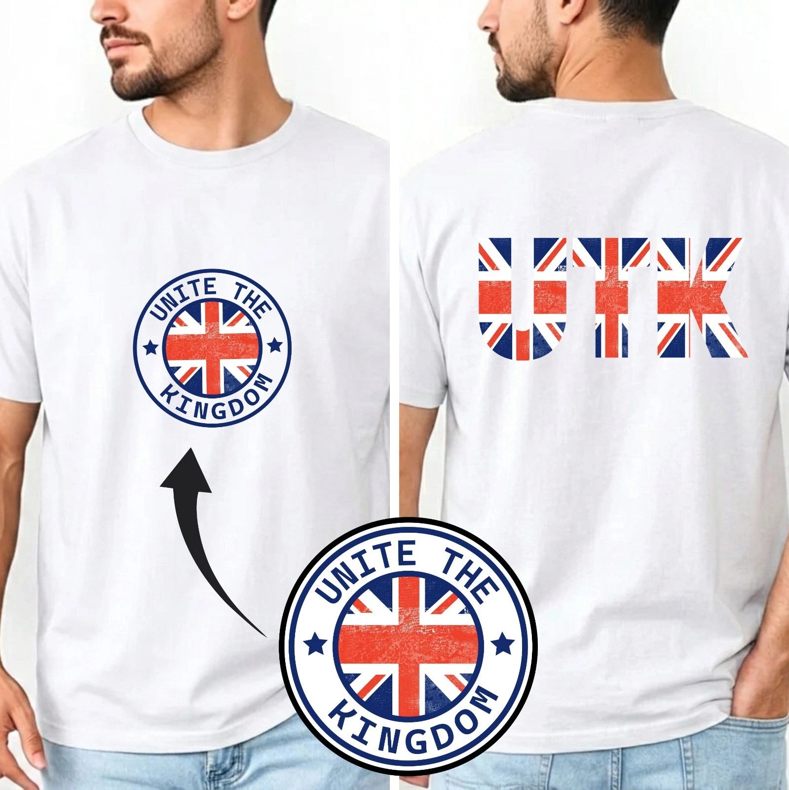 Unite The Kingdom T-Shirt Centre Chest & Back UK Flag British Patriotic Gift Top
