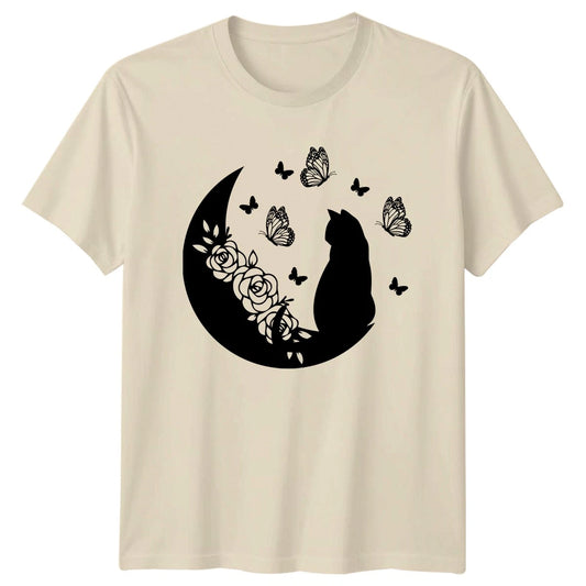 Cat On Moon With Flowers Womens T-Shirt Celestial Cat Lover
